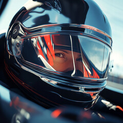 Fototapeta premium A racecar driver’s helmeted face in a cockpit, ready for the race