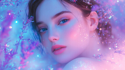 Beautiful woman surrounded by glowing snowflakes, illuminated by cool-toned light in a dreamy winter setting, evoking elegance, seasonal magic, and serene beauty