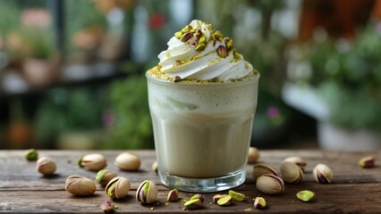 Pistachio coffee with tasty milk foam and pistachio nuts on old wooden table.