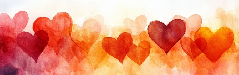 Obraz premium A colorful collection of watercolor hearts in warm tones. Ideal for Valentine's Day designs, romantic themes, and emotional connection visuals.