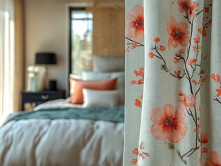 Generative AI, Cozy Floral-Themed Bedroom with Rattan Accents and Soft Textures