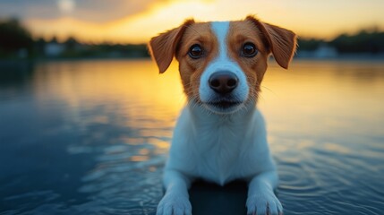 Charming Dog Posing at Sunset by Tranquil Water Surface