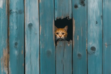 Orange cat peeking through a hole in an old blue wooden fence