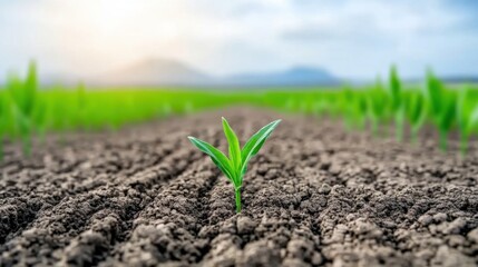 Green Plant Sprout Emerging from Dark Soil in Agriculture Field Under Beautiful Sky at Sunrise