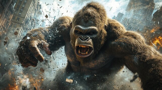 Enraged gorilla smashes city, debris flies.