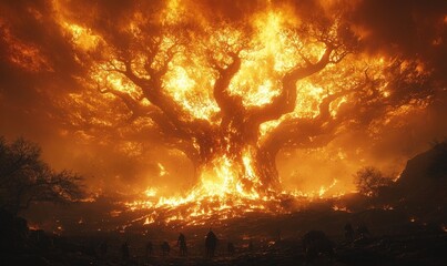 Fototapeta premium Fiery tree engulfing figures in a hellish landscape.
