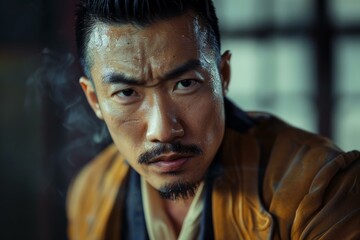 Fototapeta premium Portrait of a determined asian warrior with sweat and dirt on his face staring intensely, smoke filling the background