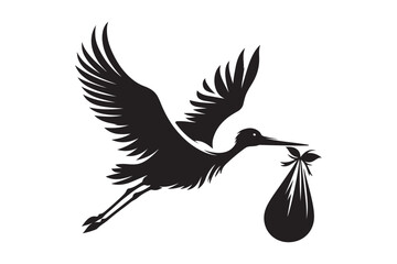 silhouette of stork holding a baby basket icon