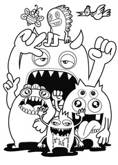 Hand-drawn illustrations, monsters doodle, Hand Drawn cartoon monster illustration,Cartoon crowd doodle hand-drawn Doodle style.black and white stripes coloring  book.