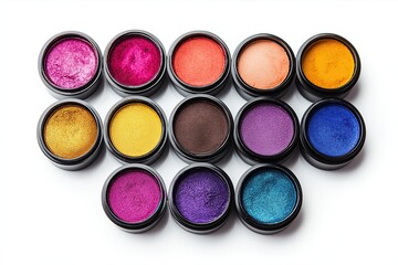 Jars of colorful makeup eyeshadows, top view, isolated on a white background