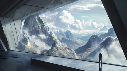 In an ultramodern observatory, a supernatural scene showcases a breathtaking mountain landscape with towering peaks and lush valleys. zenith tower. illustration. Zenith Valley. Illustration