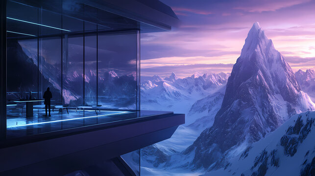 In an ultramodern observatory, a supernatural scene showcases a breathtaking mountain landscape with towering peaks and lush valleys. zenith tower. illustration. Zenith Valley. Illustration