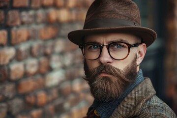Portrait of bearded hipster man wearing hat and glasses posing by brick wall