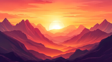 Obraz premium Majestic sunset over a mountain range illuminating the sky with vibrant orange and red hues in a serene valley landscape. Zenith Valley. Illustration