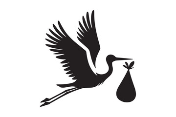 silhouette of stork holding a baby basket icon