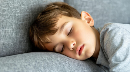 A young boy peacefully sleeps on the sofa at home, worn out from a busy day at school and comforted by the TVs glow.