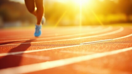 A focused athlete sprints down the sunlit racetrack, showcasing determination and speed in an energetic stadium backdrop.