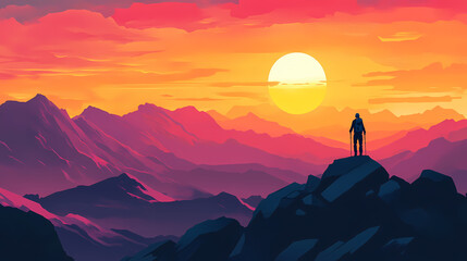 Fototapeta premium Silhouette of a hiker standing on a mountain peak, overlooking a vast and misty valley at sunset. Zenith Valley. Illustration