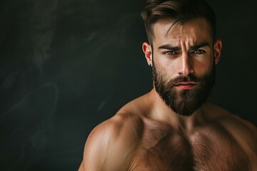 Portrait of a muscular bearded man showing his strong physique
