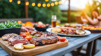Naklejka premium Delicious Barbecue Feast on Wooden Table with Fresh Vegetables and Grilled Meats in Outdoor Setting