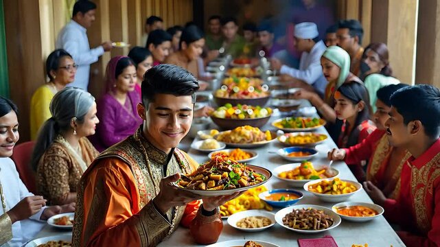 Joyful Family and Friends Sharing a Festive Meal with Traditional Dishes at a Long Table in a Vibrant Setting

