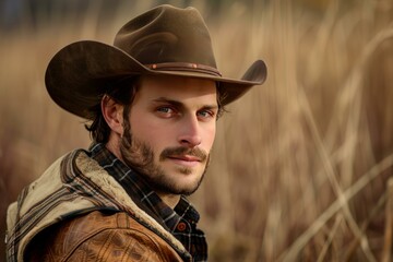 Fototapeta premium Cowboy posing in field wearing leather jacket and cowboy hat