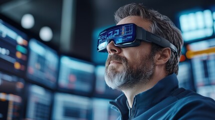 Businessman using futuristic virtual reality headset in high-tech financial center with digital data screens