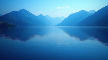Blue lake reflects layered mountains under hazy sky.
