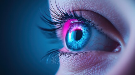 Fototapeta premium Close-Up of a Vibrant Blue Eye with Striking Light Reflections and Dramatic Color Contrast