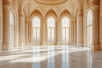 Empty grand hall in light beige palace. Large arched windows. Rich marble floor reflects sunlight. Elegant columns support high ceilings. Classic design. Luxurious ambiance. Suitable for royal events