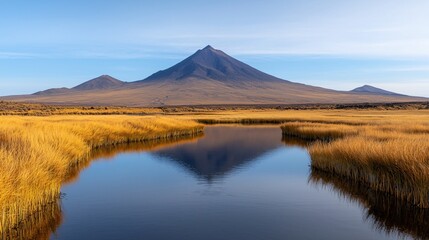 Volcanic peak reflected in tranquil lake, pampas grassland, South America, scenic landscape