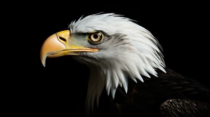Obraz premium A stunning closeup of a Bald eagle against a deep black backdrop, showcasing its sharp features and fierce gaze.