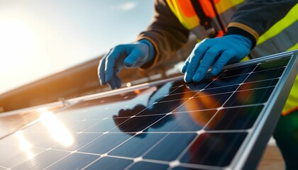 Solar panel installation, technician hands in gloves, blue and orange work uniforms, sunlight glare, renewable energy, close-up view, photovoltaic cells, industrial setting