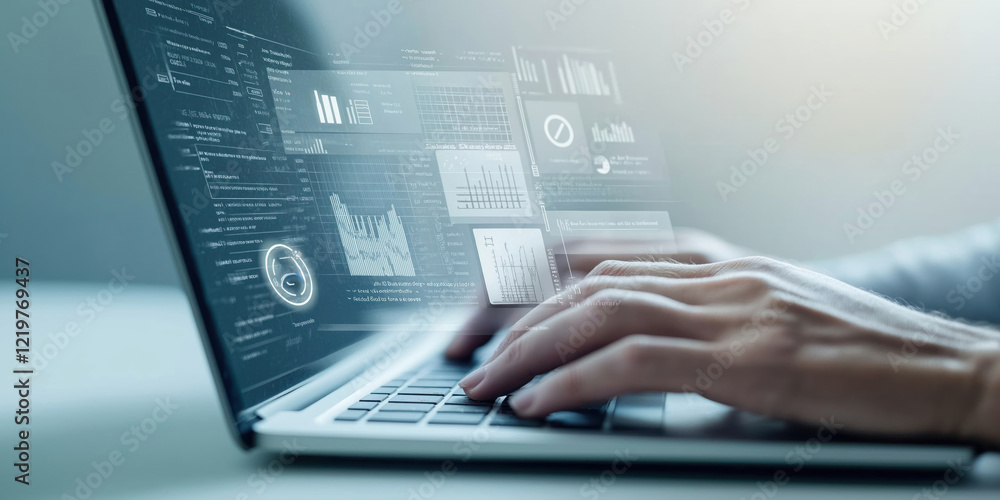 Poster business person uses laptop with advanced security system interface. data visualization, security me