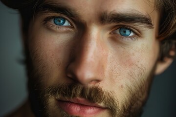 Close up portrait highlighting captivating blue eyes and mustache of a young man