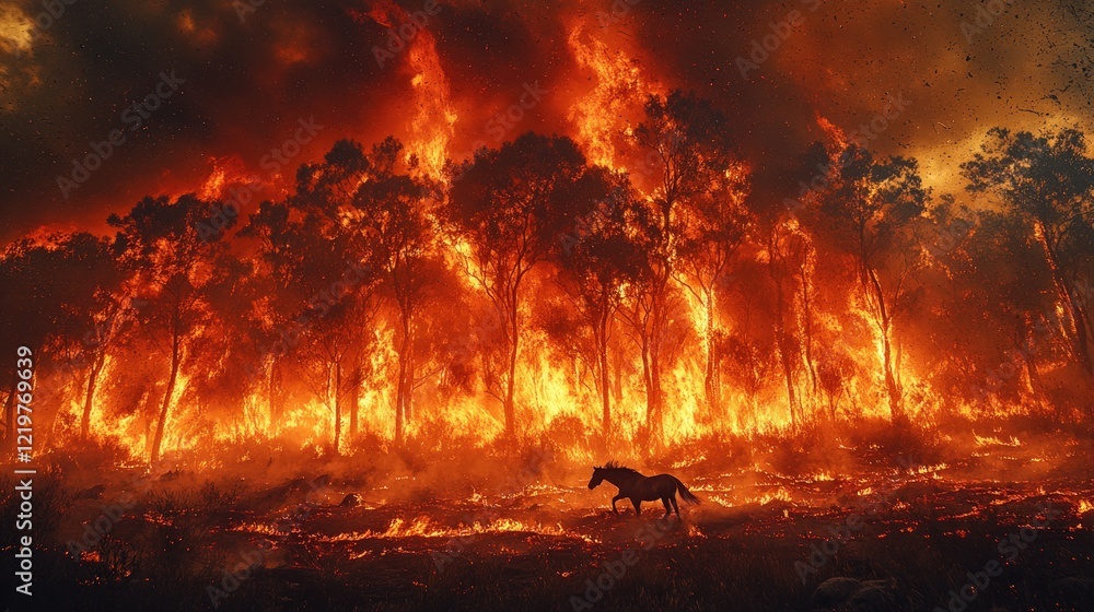 Poster Horse silhouetted against fiery, burning forest.