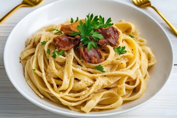 Top view of pasta dish. Creamy pasta linguine with fried chicken liver. Parsley garnish adds fresh touch to dish. Perfect for Italian eatery food blog. Homemade, rustic style. Cooked pasta, meat.