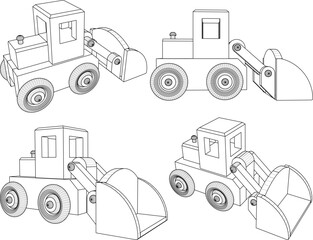 vector illustration design drawing of children's toy car construction tractor made from traditional ethnic wood
