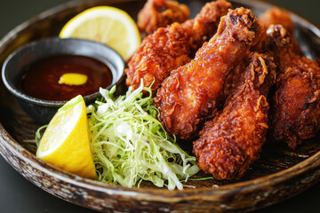Crispy karaage fried chicken served with lemon and dipping sauce in rustic plate