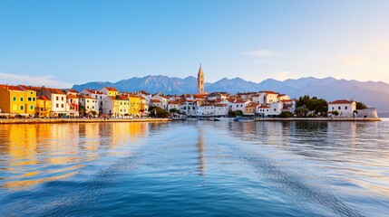 Coastal town sunrise, mountains, calm sea, travel brochure