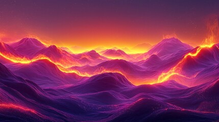 Burning purple mountain range at sunset.
