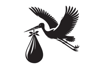 silhouette of stork holding a baby basket icon