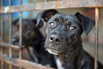 Portrait of two black dogs looking through rusty bars, hoping for a loving home