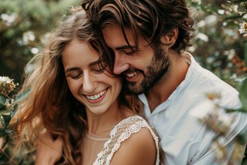 Naklejka premium Romantic couple enjoying a tender moment together surrounded by nature