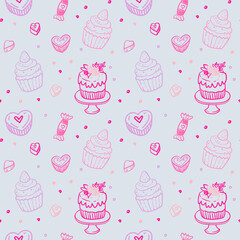 Seamless Dessert and Sweets Pattern with Hearts