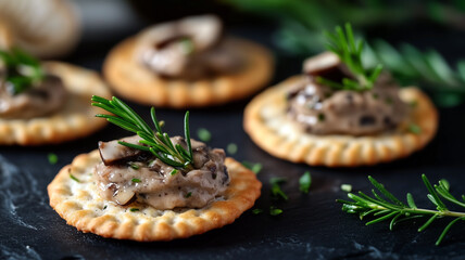 Elegant mini crackers topped with a smooth, creamy mushroom spread made from sautéed champignons, delicately infused with the rich aroma of truffle oil.