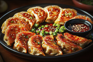 Delicious golden pan-fried gyoza dumplings with soy dipping sauce and garnishes showcasing crispy textures