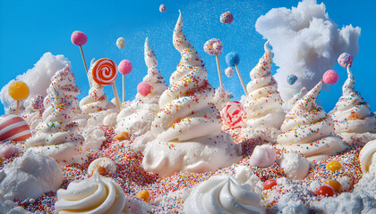 Imaginative Dessert Scene of Meringue Peaks, Colorful Sprinkles, and Lollipops in a Sugar-Coated Fantasy World