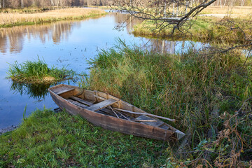 Abandoned Wooden Boat on Overgrown Riverbank