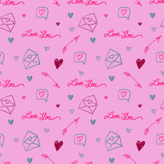A pink background with hearts and arrows and the words love you written in pink